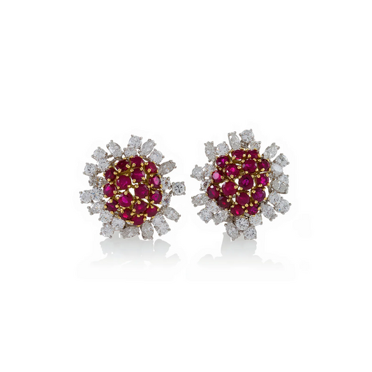 Boucheron Paris 1960s Platinum & 18KT Yellow Gold Ruby & Diamond Earrings front