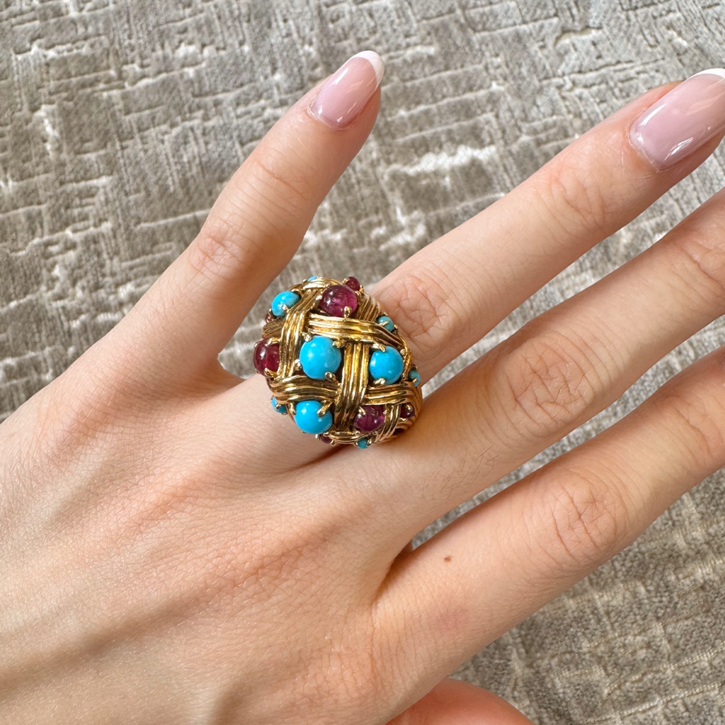 Jean Schlumberger 1960s 18KT Yellow Gold Turquoise & Ruby Ring on hand