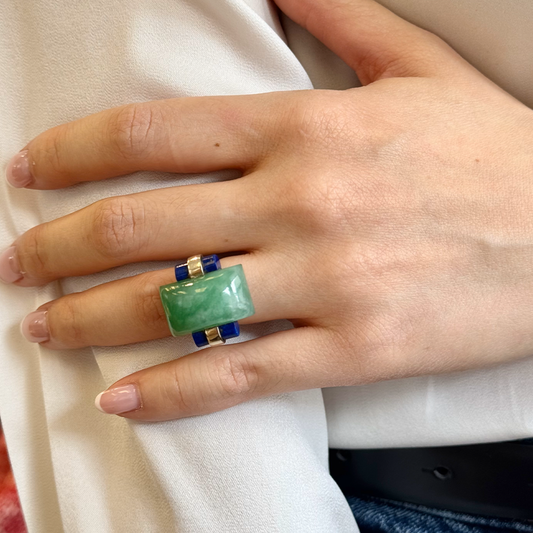 André Schwob French Platinum Jade & Lapis Lazuli Ring on hand
