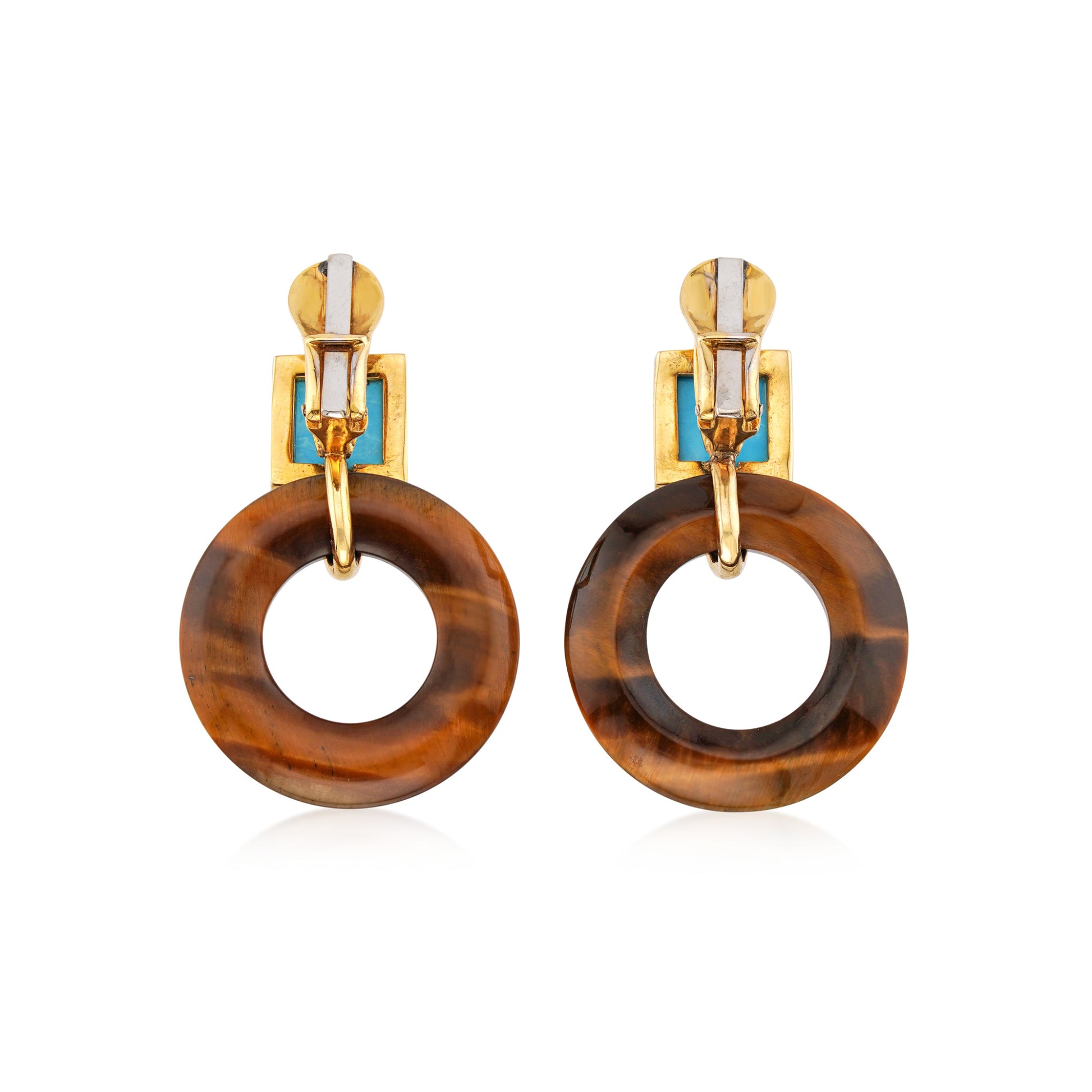 Aldo Cipullo 1970s 18KT Yellow Gold Tiger's Eye & Turquoise Earrings back