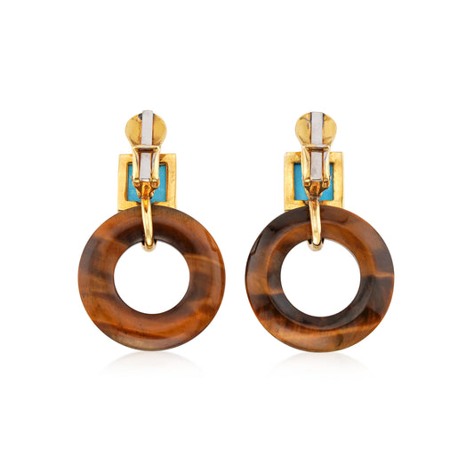 Aldo Cipullo 1970s 18KT Yellow Gold Tiger's Eye & Turquoise Earrings back