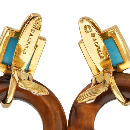 Aldo Cipullo 1970s 18KT Yellow Gold Tiger's Eye & Turquoise Earrings signature