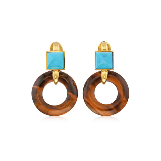 Aldo Cipullo 1970s 18KT Yellow Gold Tiger's Eye & Turquoise Earrings front