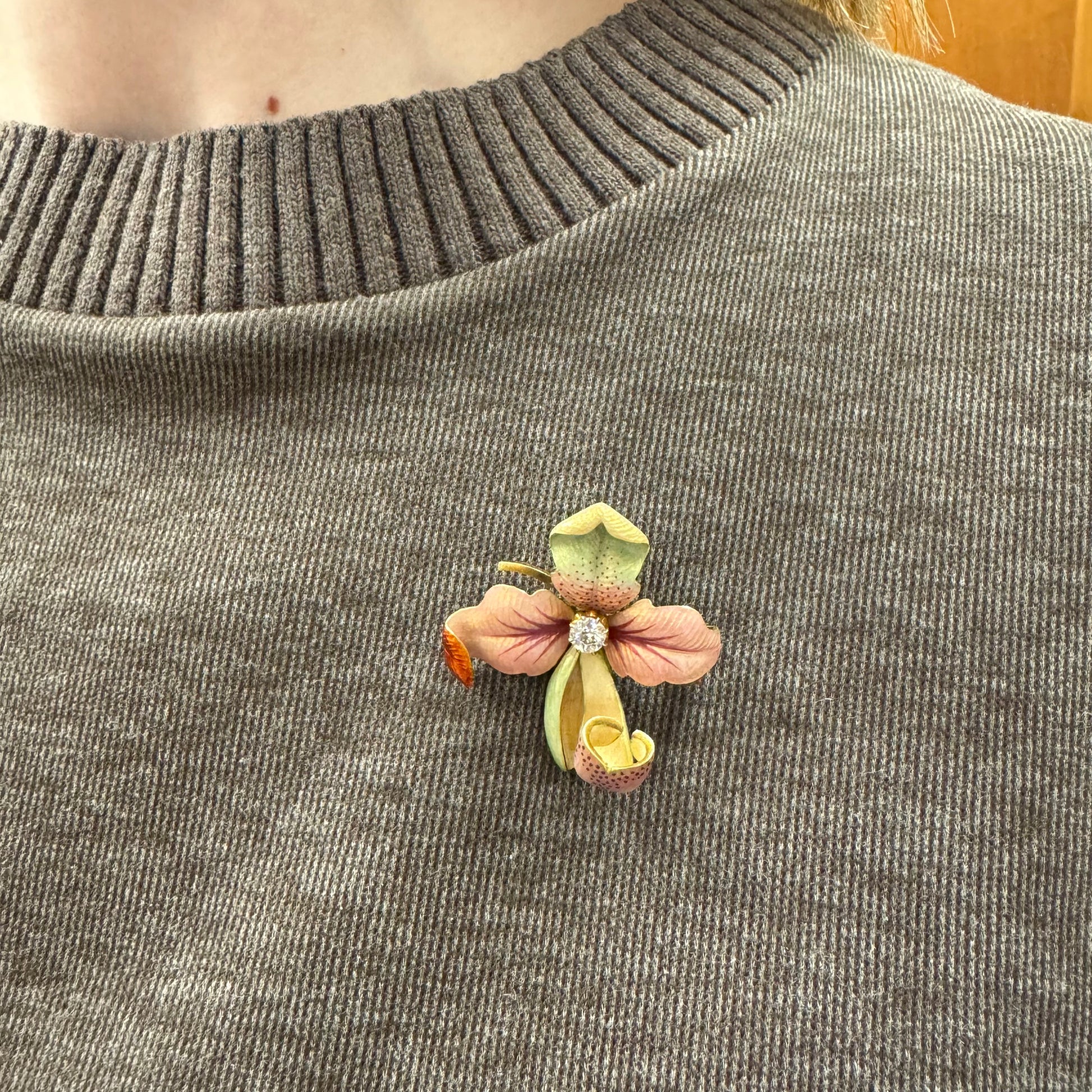 Art Nouveau 18KT Yellow Gold Enamel & Diamond Orchid Brooch on blouse