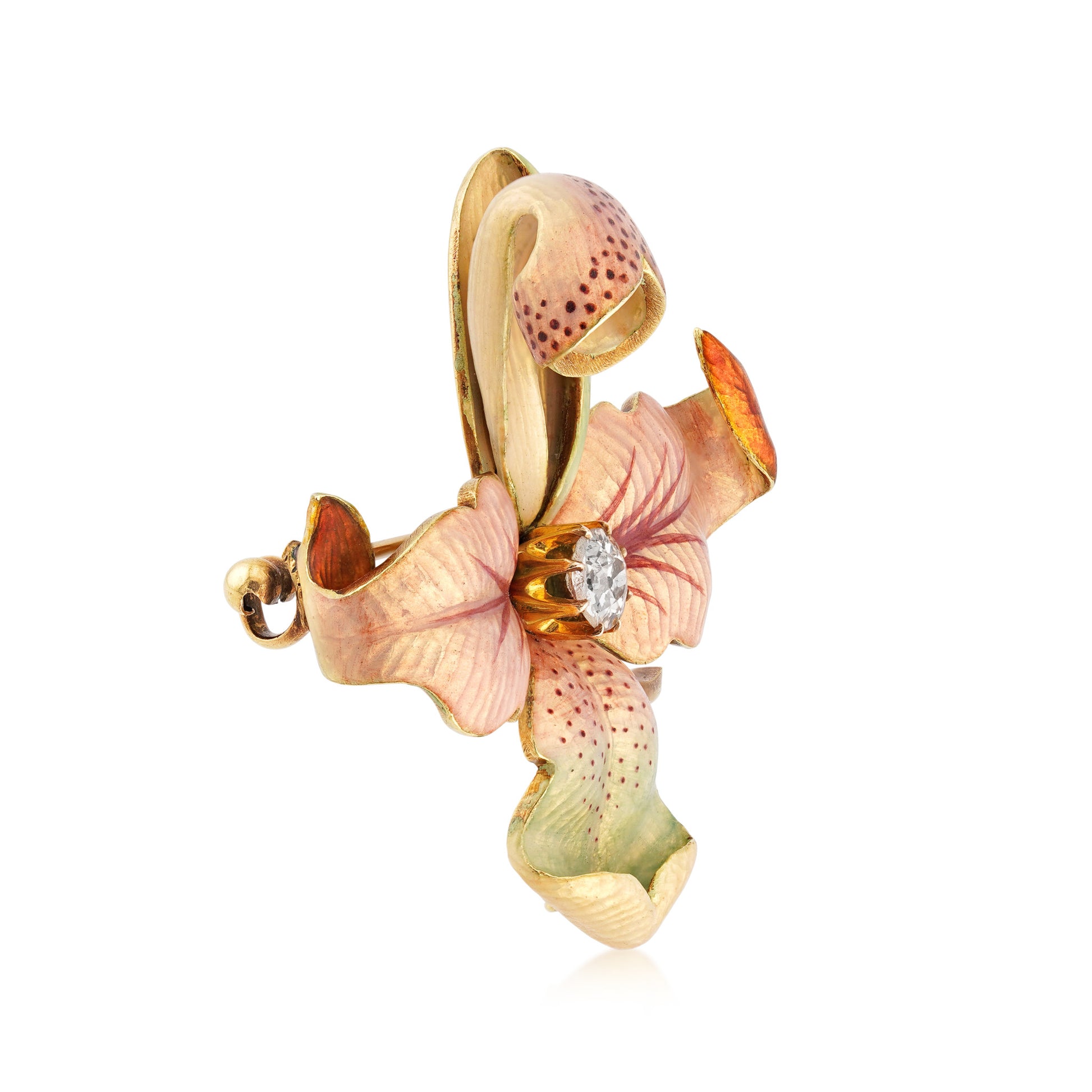 Art Nouveau 18KT Yellow Gold Enamel & Diamond Orchid Brooch side