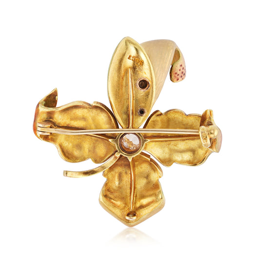 Art Nouveau 18KT Yellow Gold Enamel & Diamond Orchid Brooch back