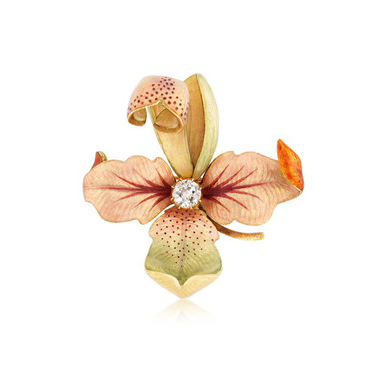 Art Nouveau 18KT Yellow Gold Enamel & Diamond Orchid Brooch front