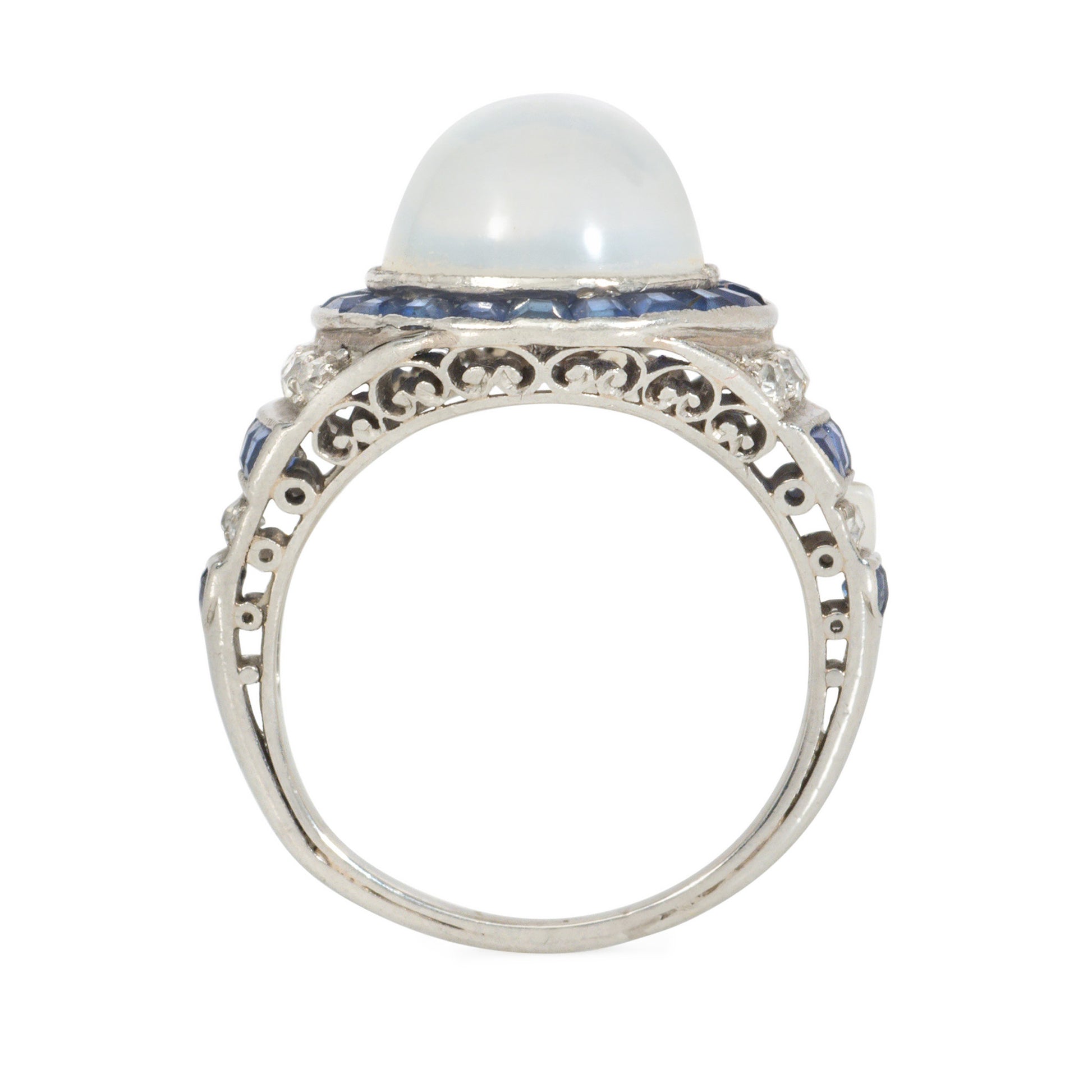 Art Deco Platinum Moonstone, Diamond & Sapphire Ring profile