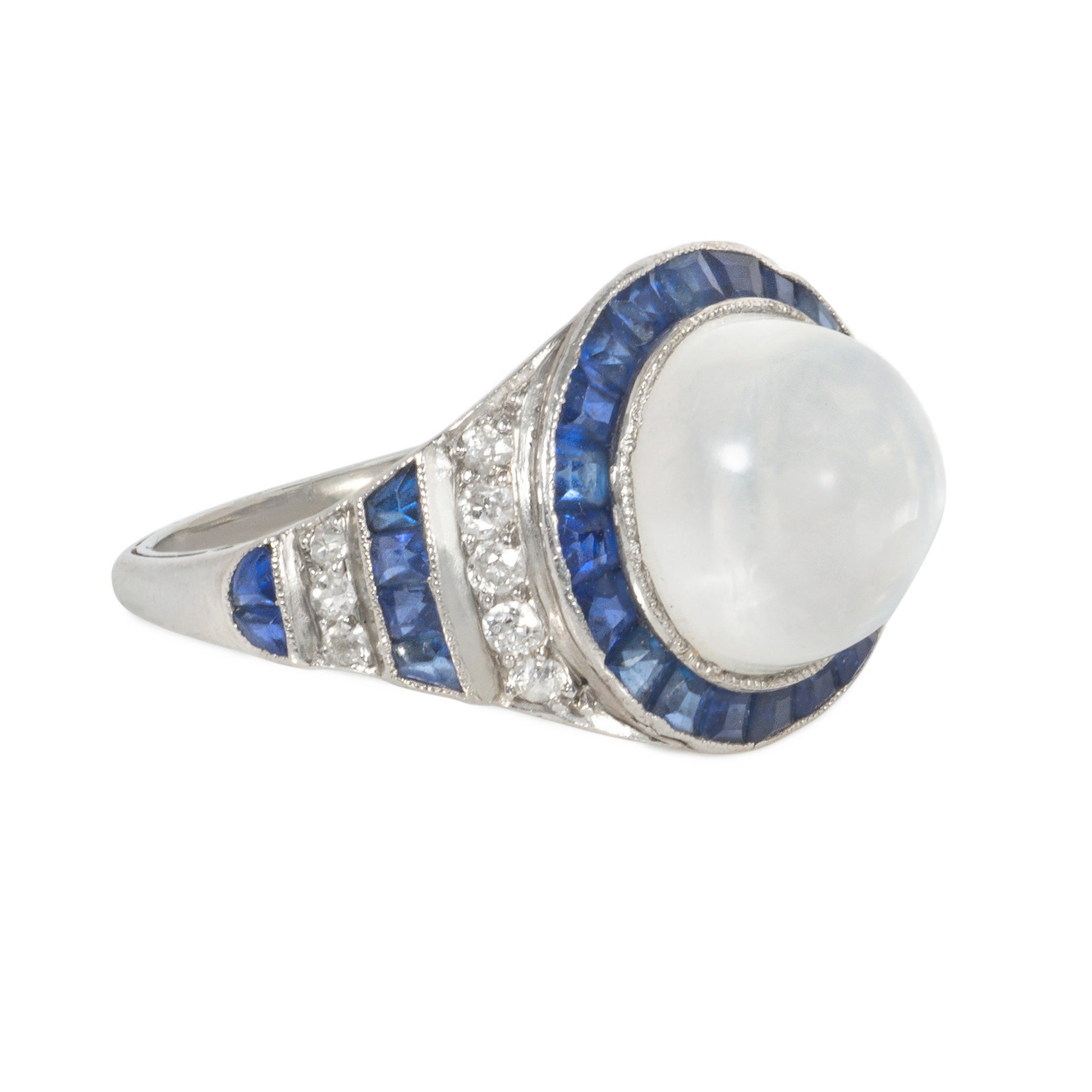 Art Deco Platinum Moonstone, Diamond & Sapphire Ring side