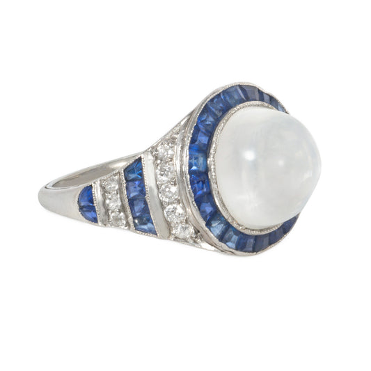 Art Deco Platinum Moonstone, Diamond & Sapphire Ring side
