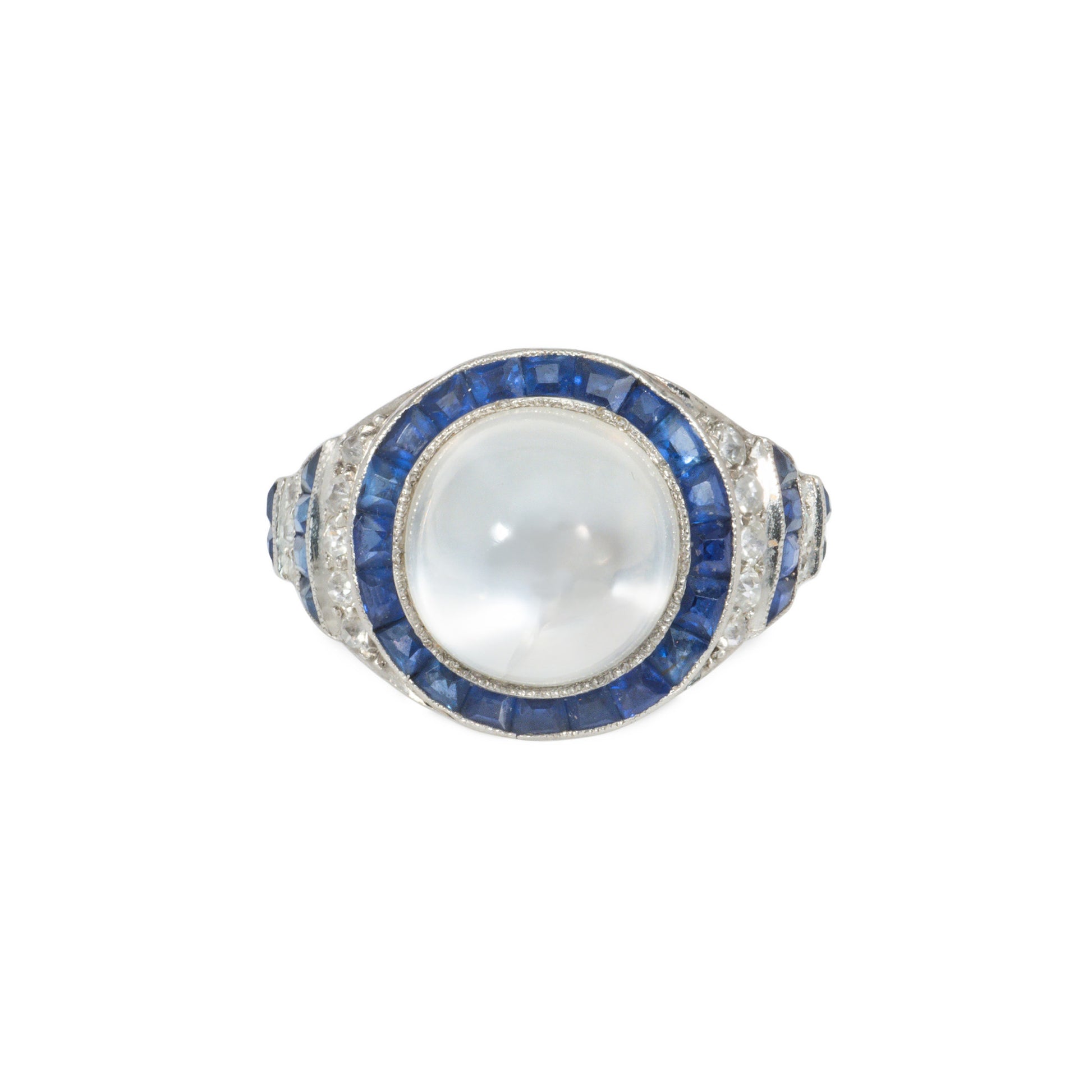 Art Deco Platinum Moonstone, Diamond & Sapphire Ring front