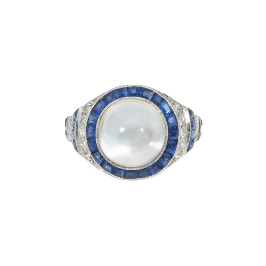 Art Deco Platinum Moonstone, Diamond & Sapphire Ring front