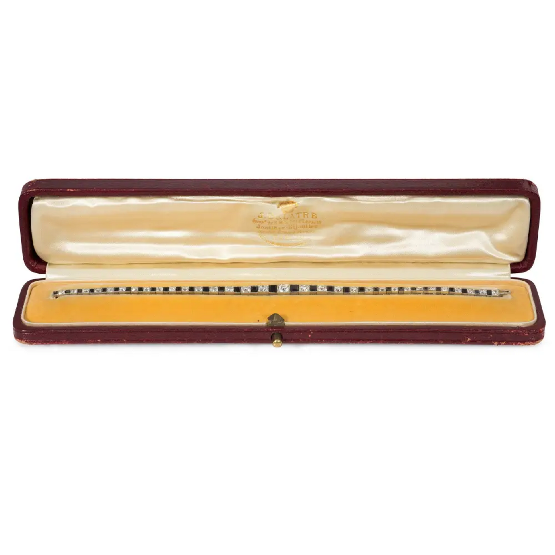 French Art Deco 18KT White Gold Diamond & Onyx Bracelet in box