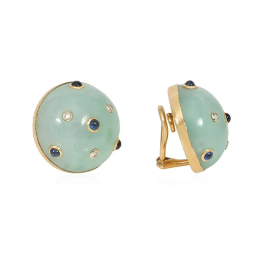 Trianon 1980s 14KT Yellow Gold Jade, Diamond & Sapphire Earrings side