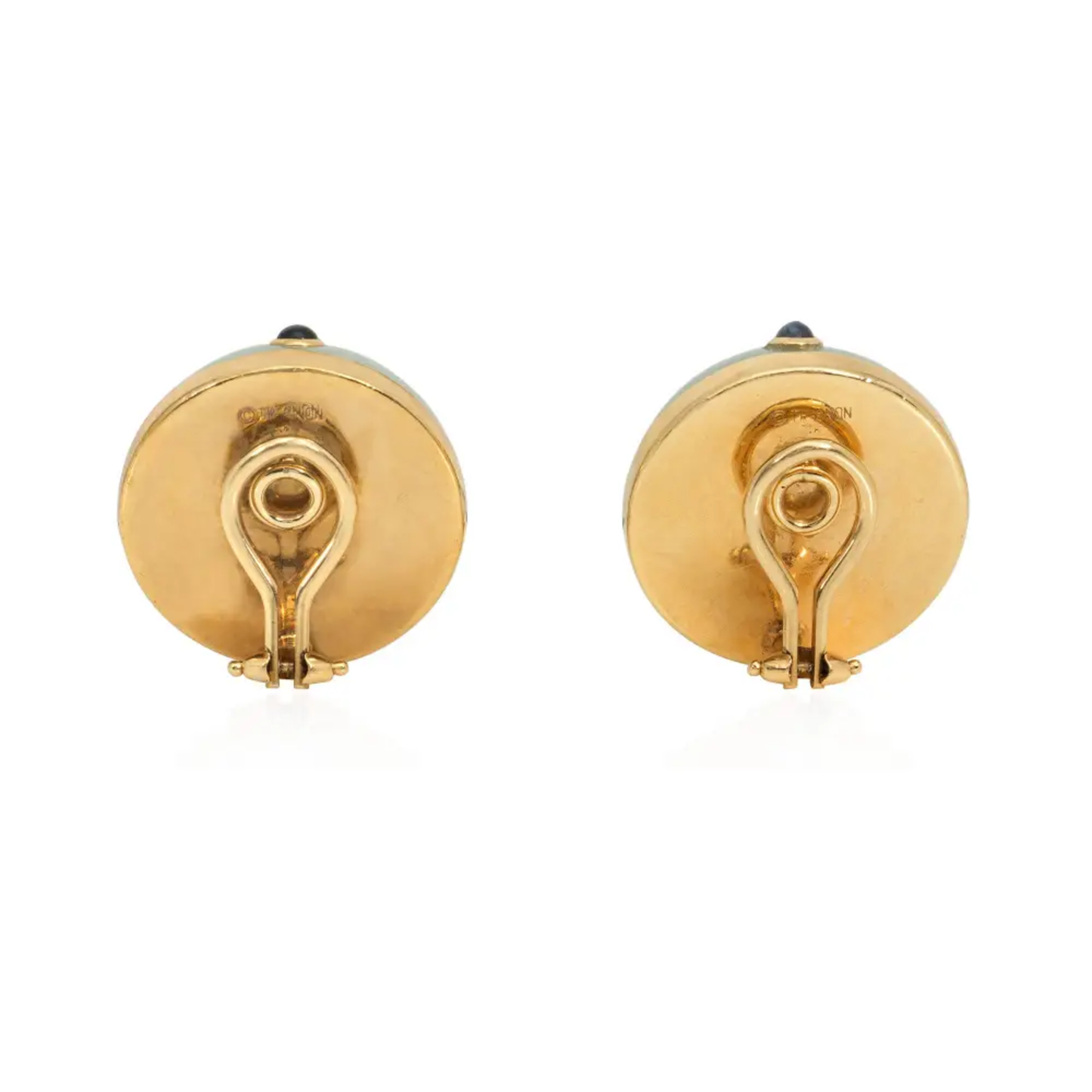 Trianon 1980s 14KT Yellow Gold Jade, Diamond & Sapphire Earrings back