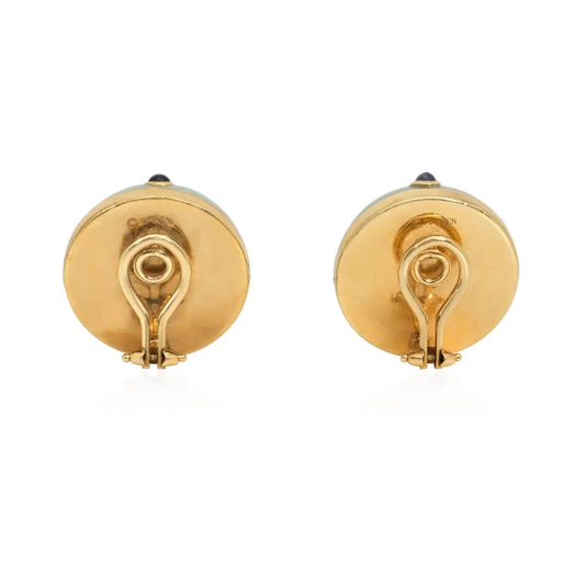 Trianon 1980s 14KT Yellow Gold Jade, Diamond & Sapphire Earrings back