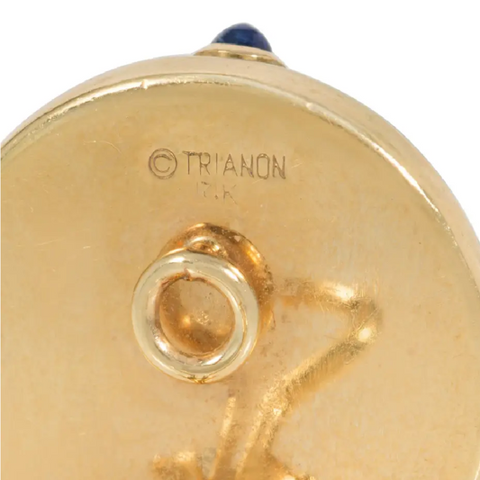 Trianon 1980s 14KT Yellow Gold Jade, Diamond & Sapphire Earrings signature