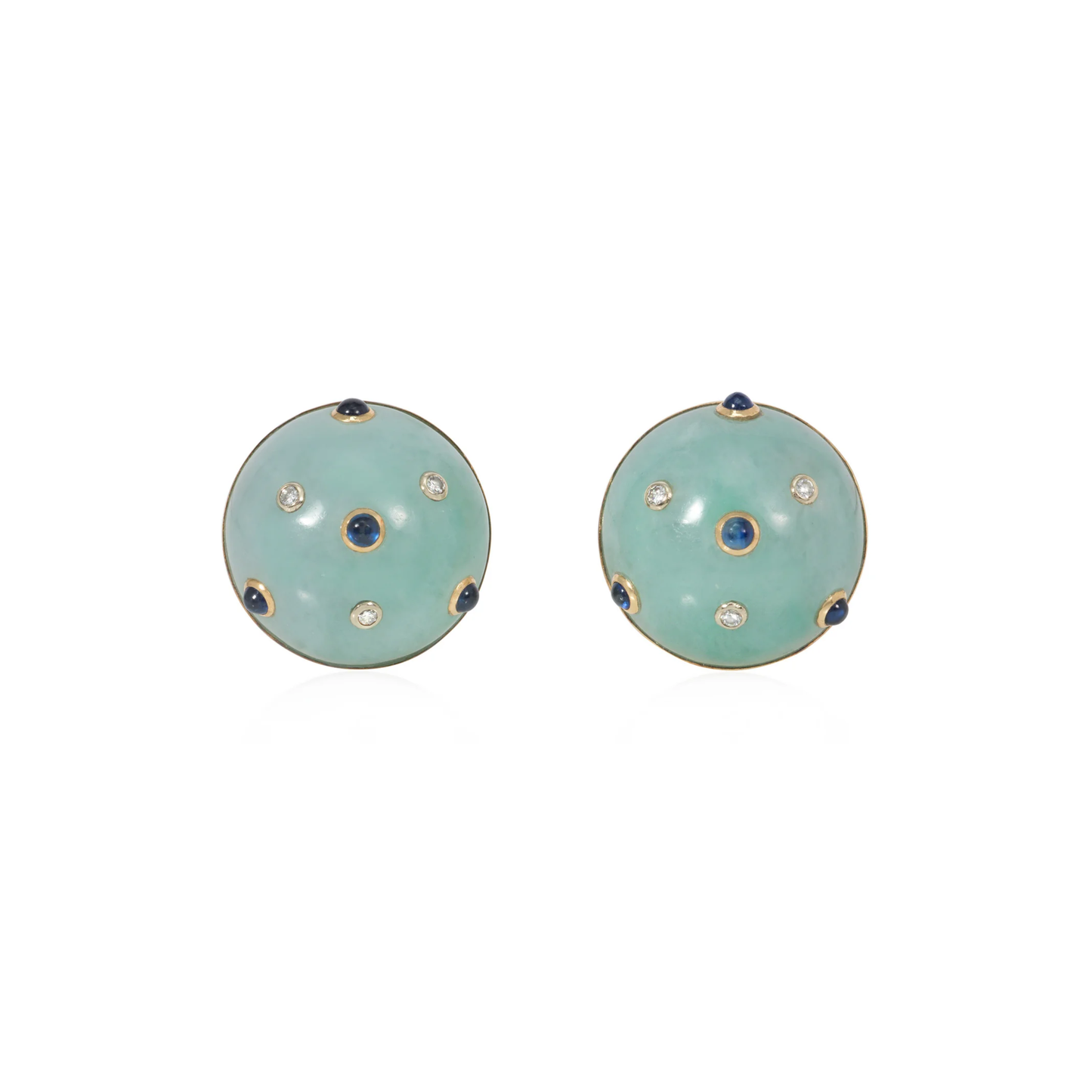 Trianon 1980s 14KT Yellow Gold Jade, Diamond & Sapphire Earrings front