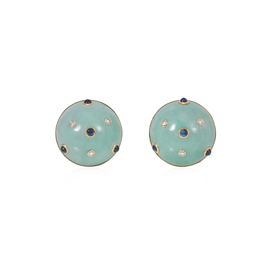 Trianon 1980s 14KT Yellow Gold Jade, Diamond & Sapphire Earrings front