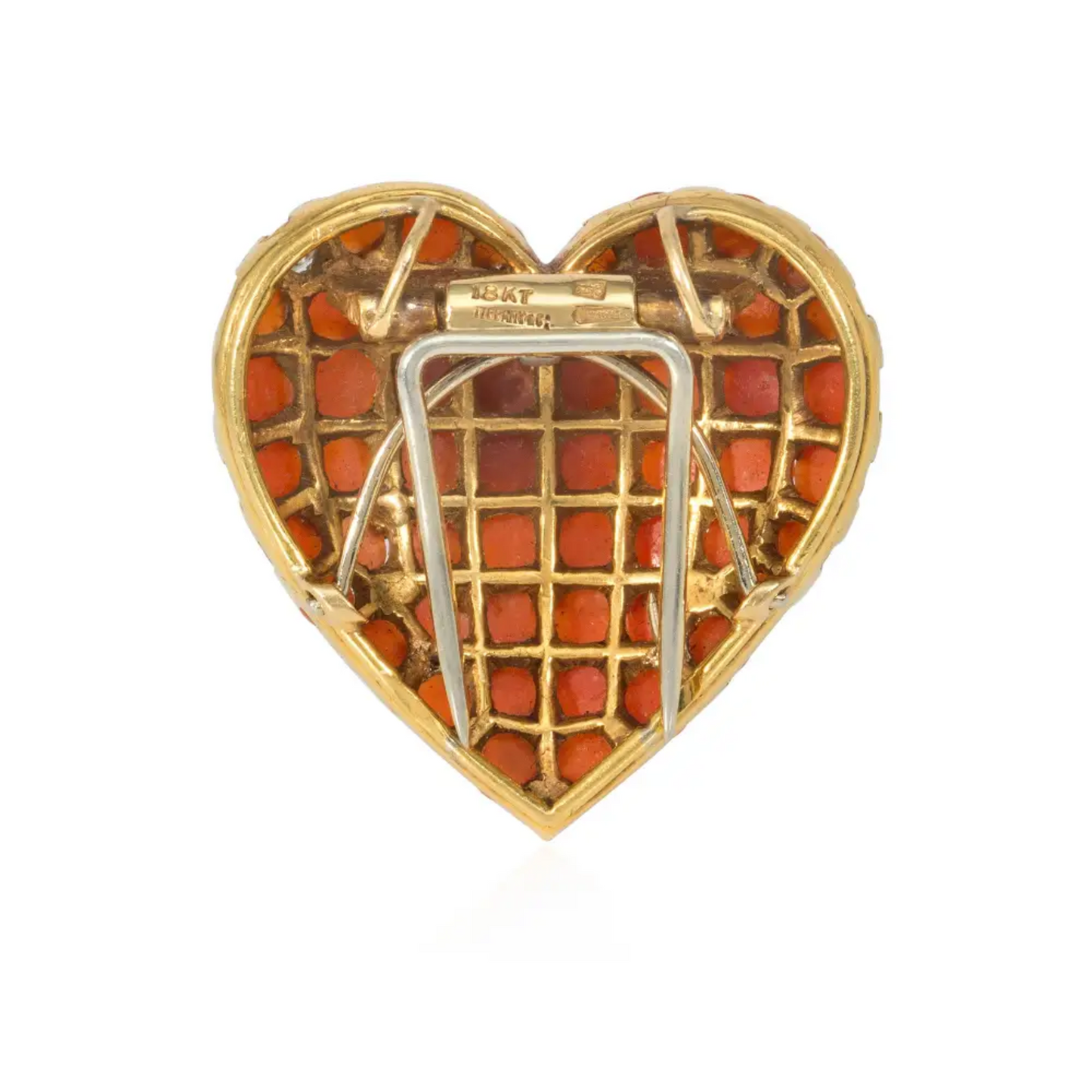 Tiffany & Co. France Retro 18KT Yellow Gold Coral & Diamond Heart Brooch back