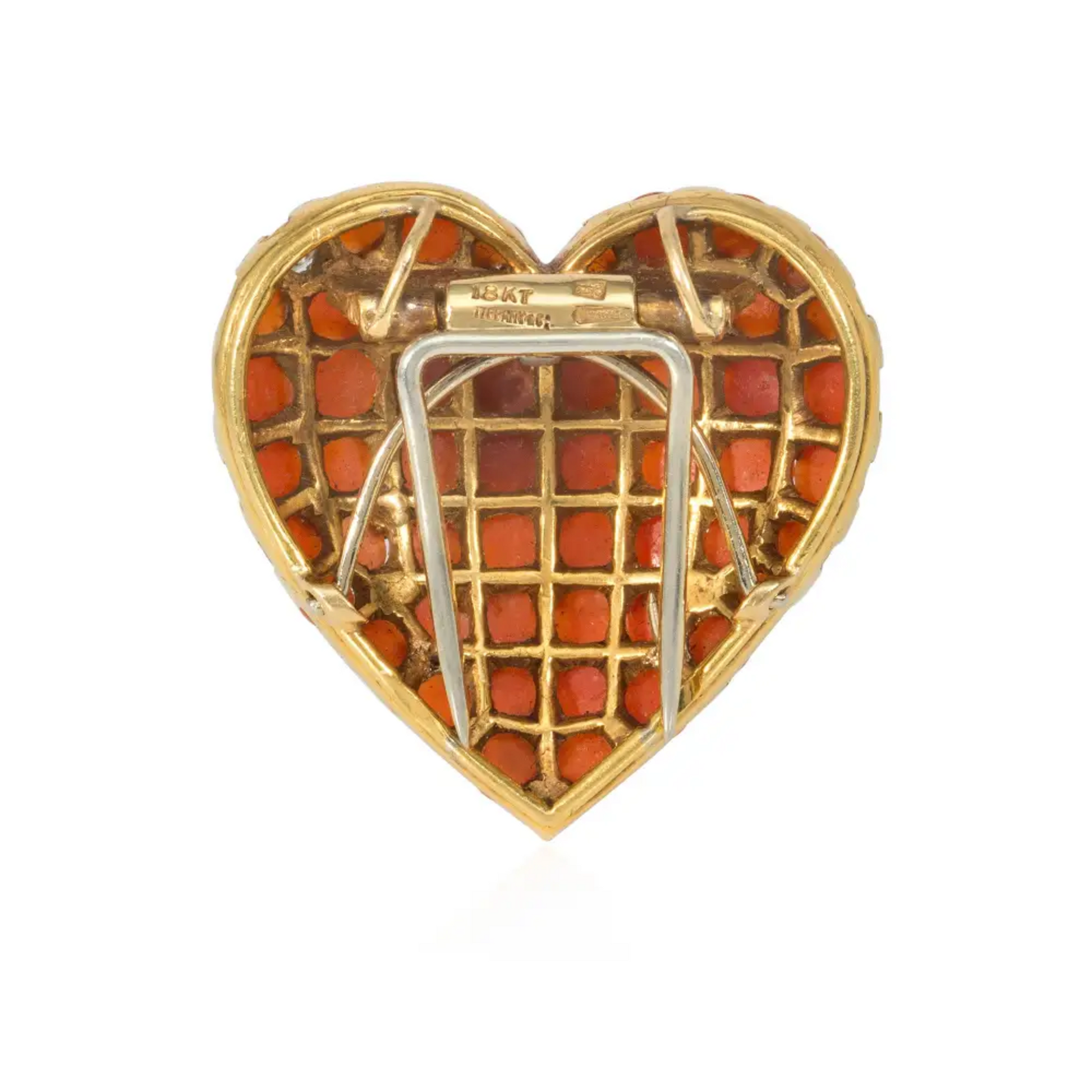 Tiffany & Co. France Retro 18KT Yellow Gold Coral & Diamond Heart Brooch back