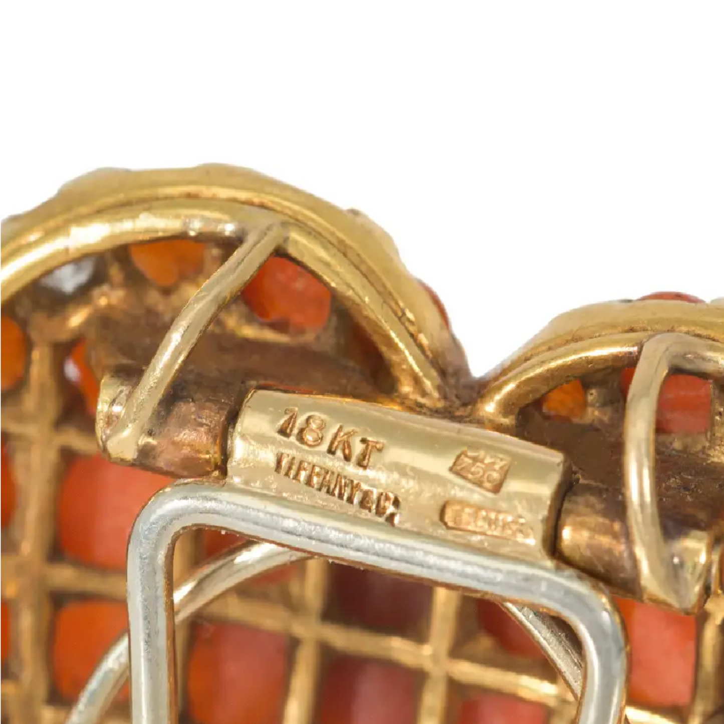 Tiffany & Co. France Retro 18KT Yellow Gold Coral & Diamond Heart Brooch signature