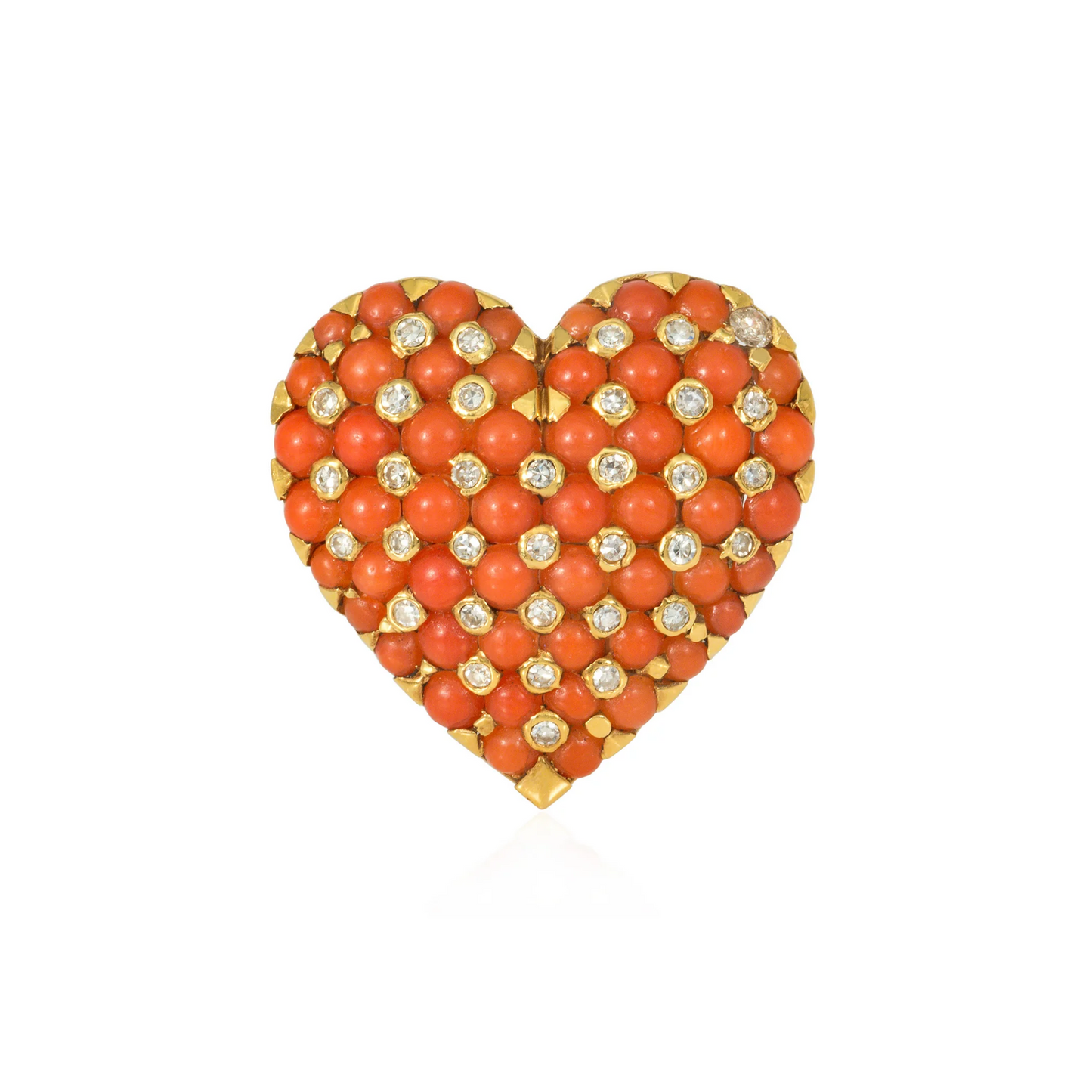 Tiffany & Co. France Retro 18KT Yellow Gold Coral & Diamond Heart Brooch front