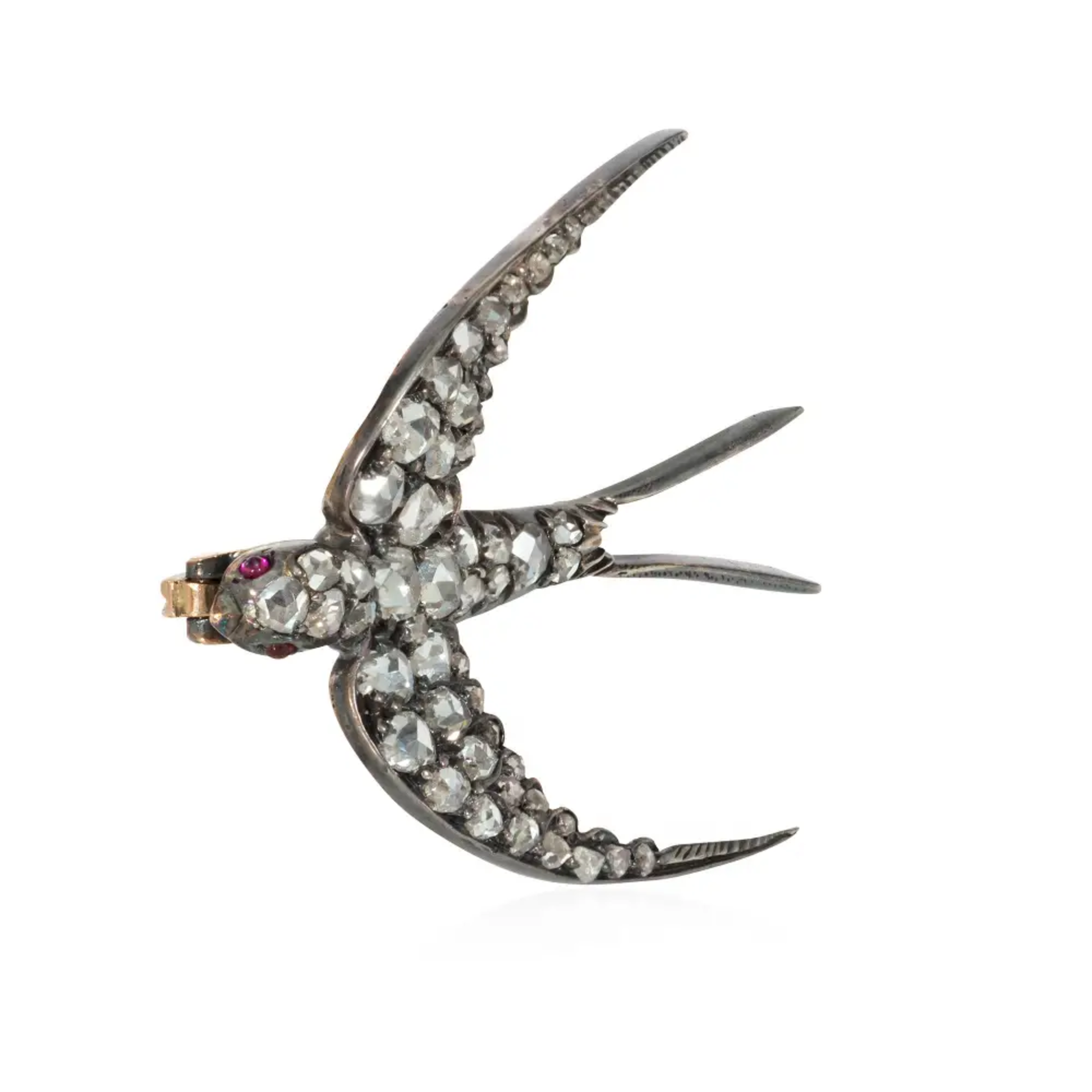 Victorian Silver Diamond & Ruby Bird Brooch front