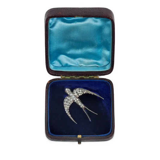 Victorian Silver Diamond & Ruby Bird Brooch in box