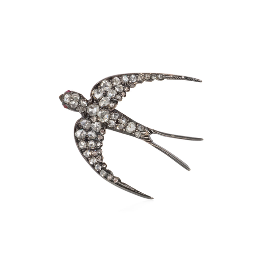 Victorian Silver Diamond & Ruby Bird Brooch front