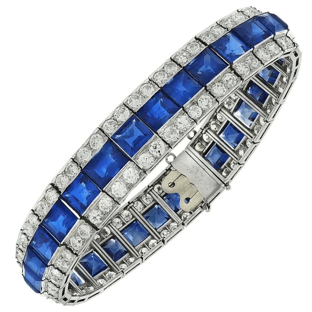French Post-1980s Platinum Sapphire & Diamond Bracelet front