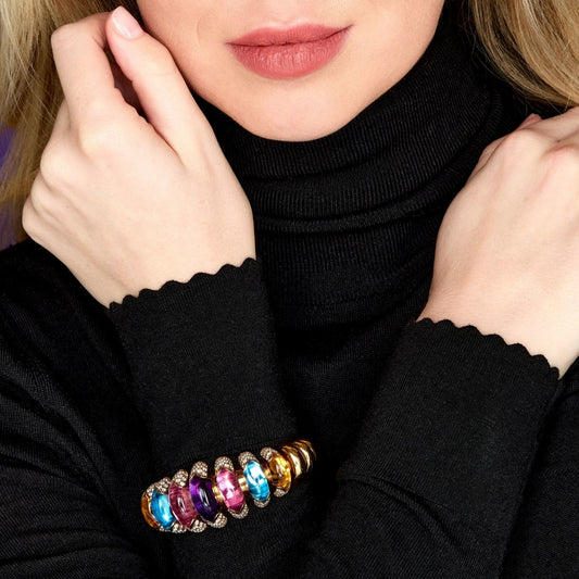 Bulgari Post-1980s 18KT Yellow Gold Multigem Celtaura Bracelet on wrist