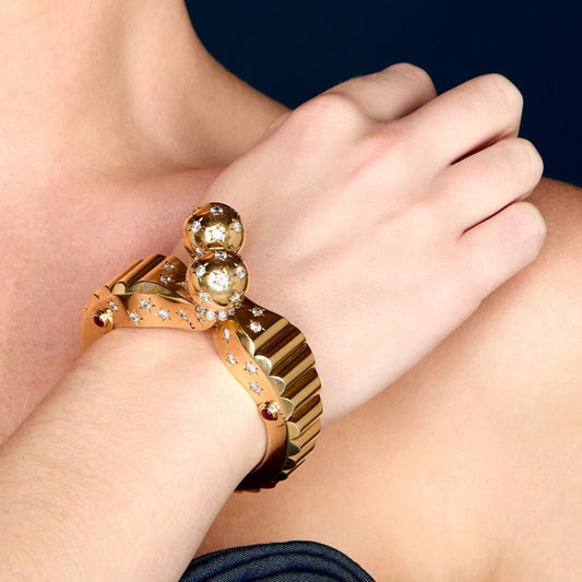 Seaman Schepps Retro 14KT Yellow Gold Diamond & Ruby Bracelet on wrist