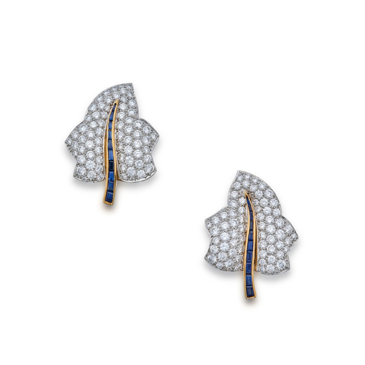 Oscar Heyman Bros 1980s Platinum & 18KT Yellow Gold Diamond & Sapphire Leaf Earrings front