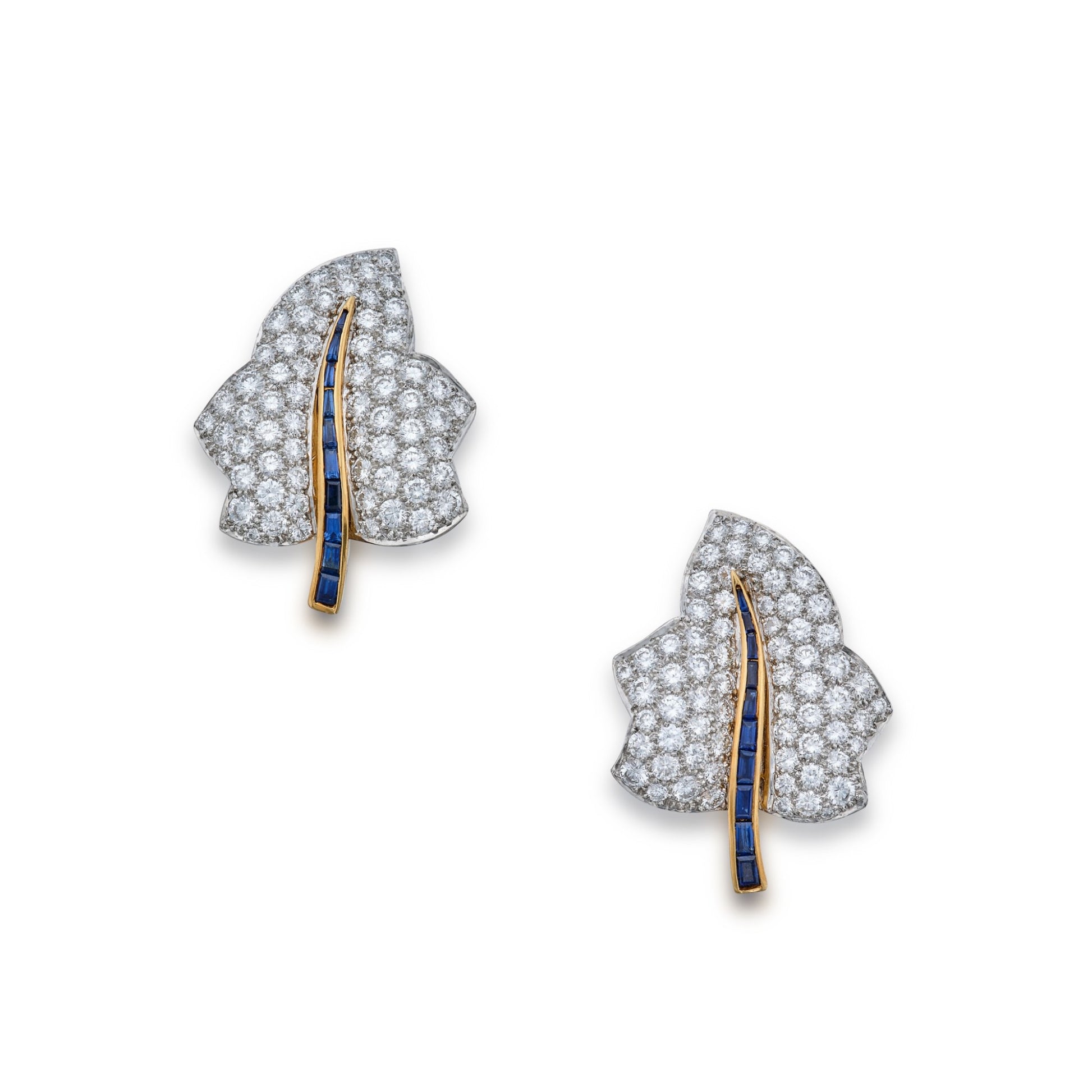 Oscar Heyman Bros 1980s Platinum & 18KT Yellow Gold Diamond & Sapphire Leaf Earrings front