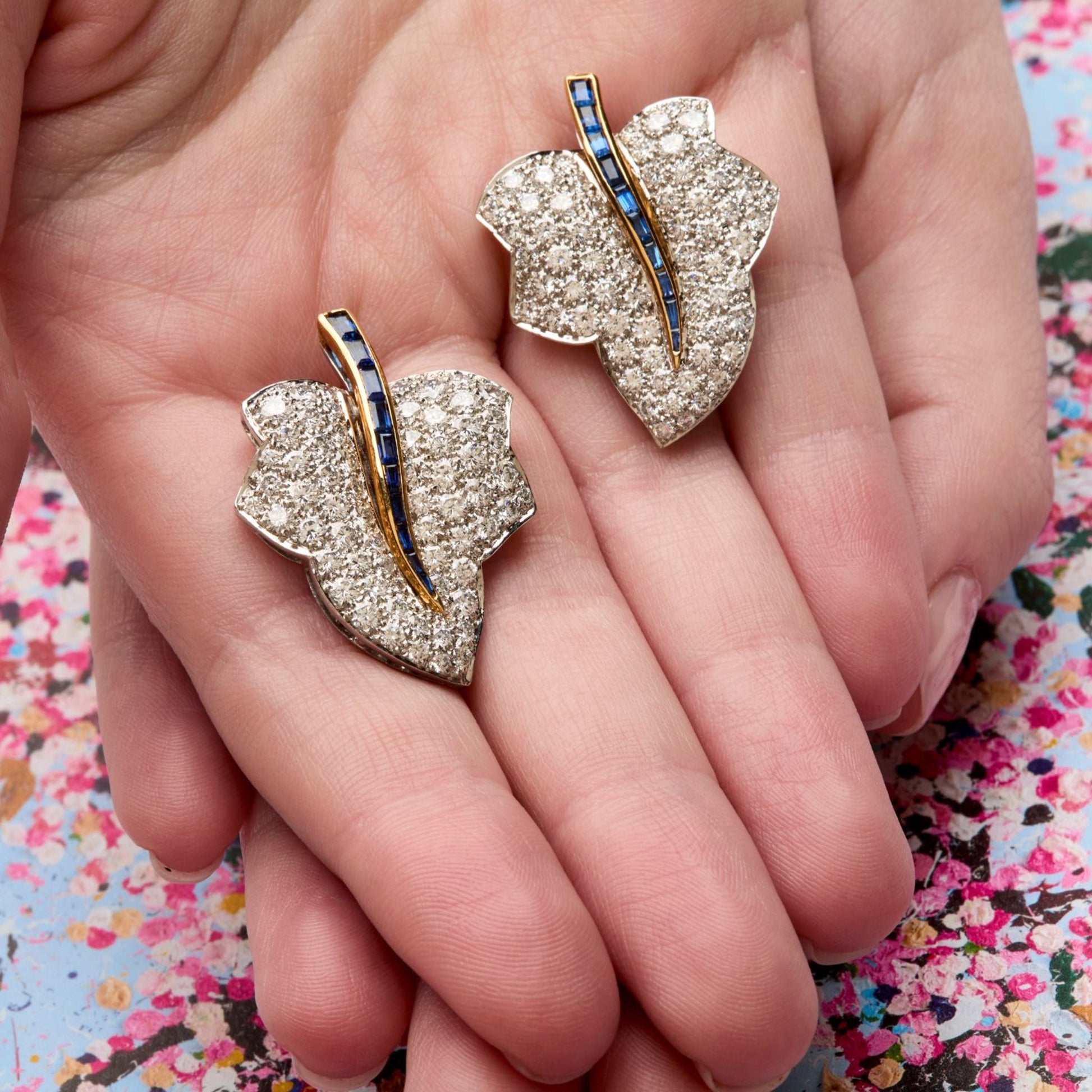 Oscar Heyman Bros 1980s Platinum & 18KT Yellow Gold Diamond & Sapphire Leaf Earrings front