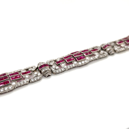 Mauboussin French Art Deco Platinum Ruby & Diamond Bracelet close-up details