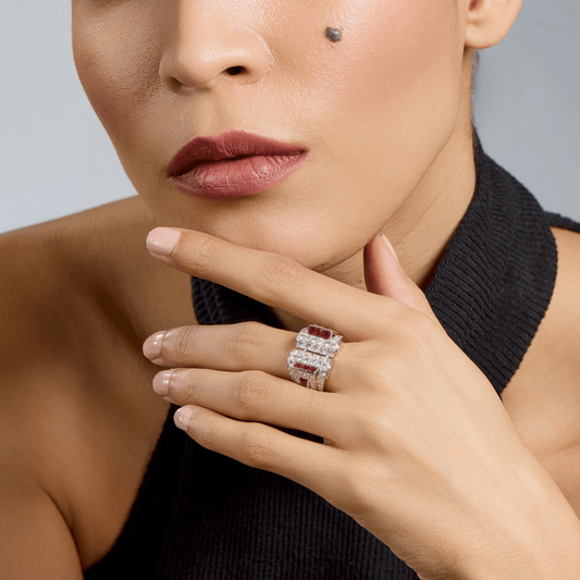 Art Moderne Platinum Ruby & Diamond Ring on finger