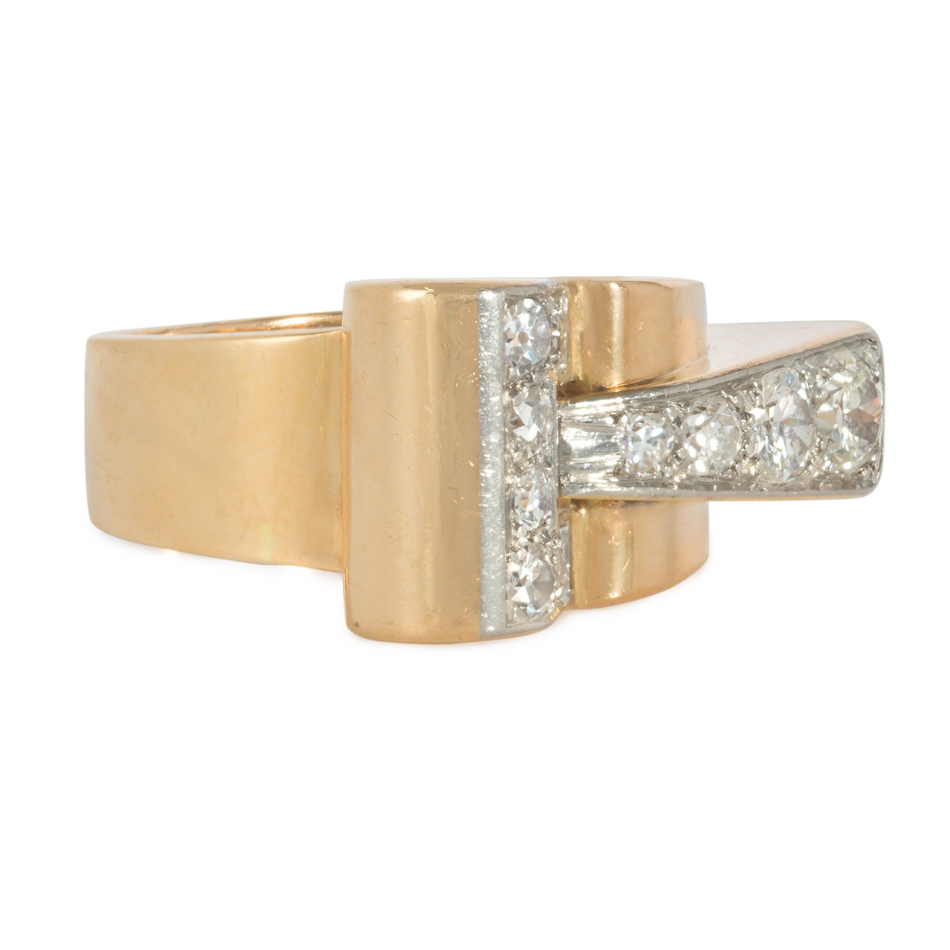 Retro 14KT Yellow Gold Diamond Buckle Ring side