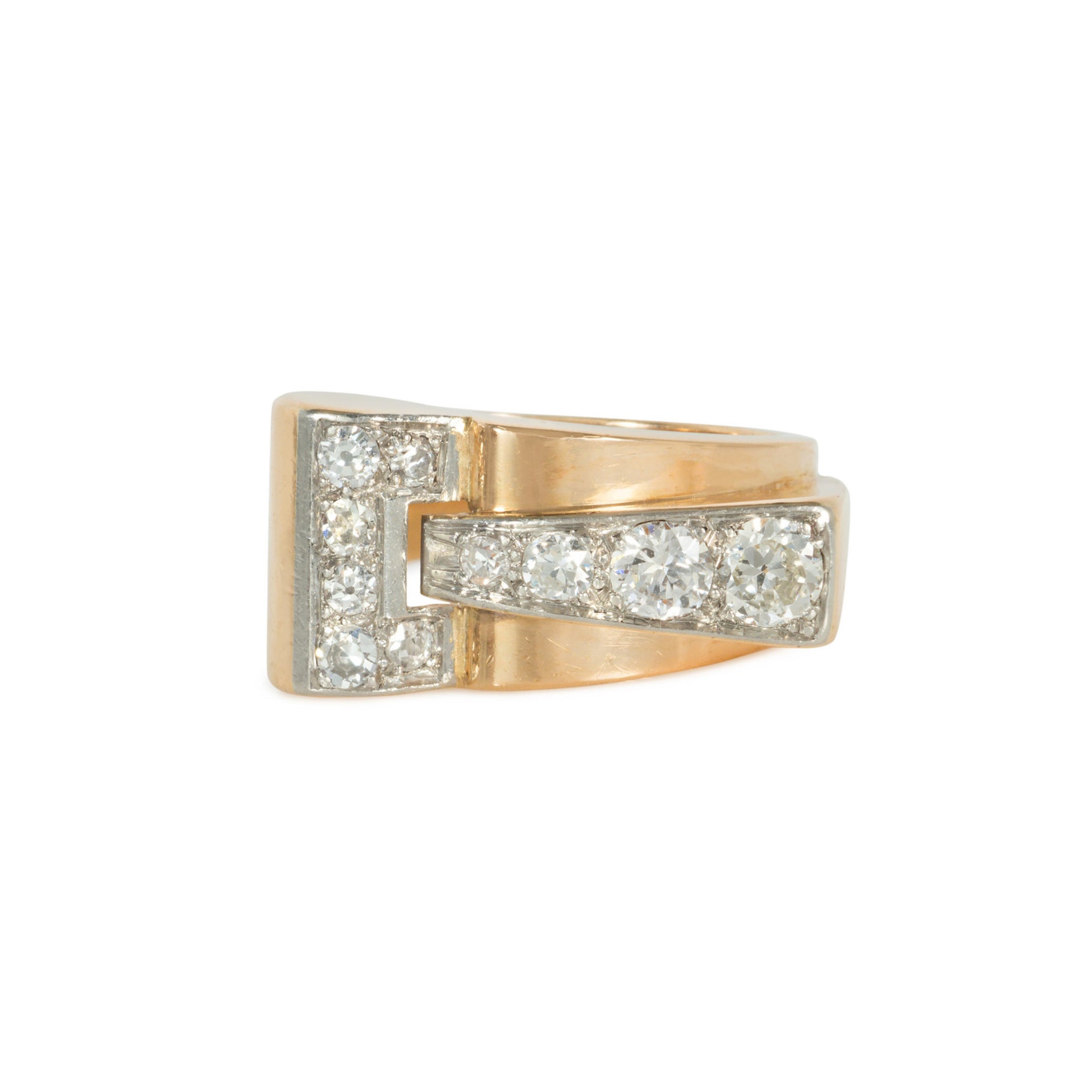 Retro 14KT Yellow Gold Diamond Buckle Ring front