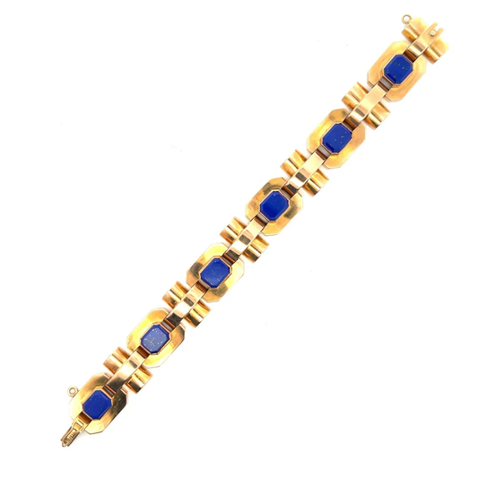 French Retro 18KT Yellow Gold Lapis Lazuli Bracelet front