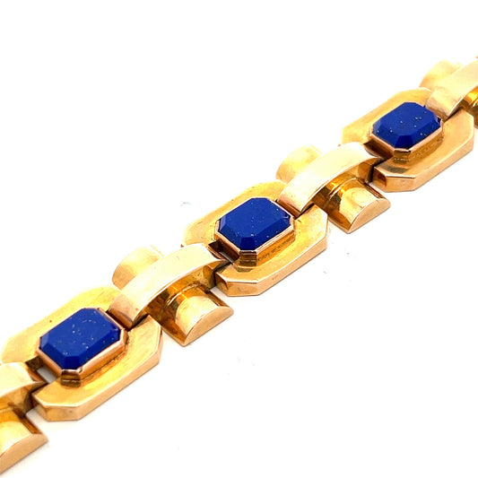 French Retro 18KT Yellow Gold Lapis Lazuli Bracelet close-up details