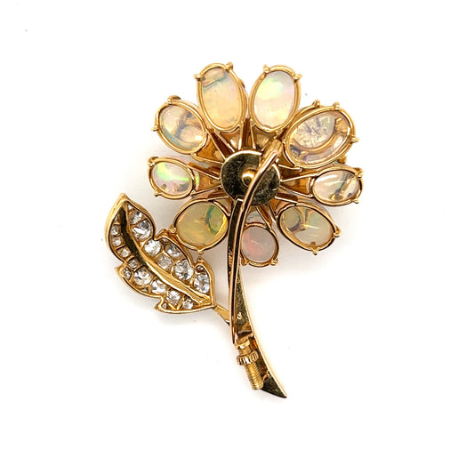 Rene Boivin 1950s 18KT Yellow Gold Opal & Diamond Flower Brooch back