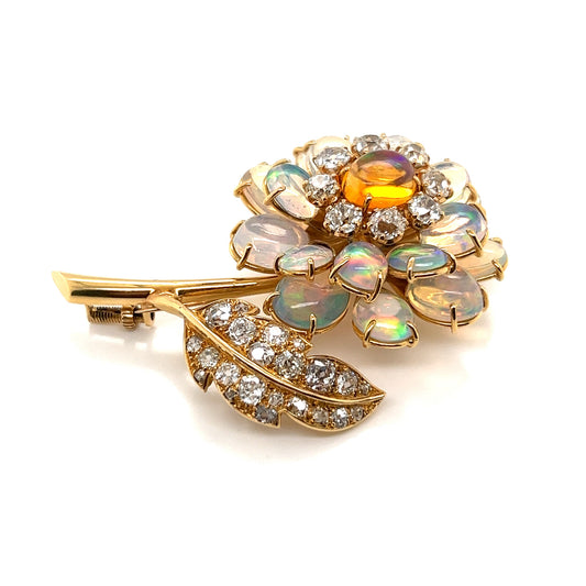 Rene Boivin 1950s 18KT Yellow Gold Opal & Diamond Flower Brooch side