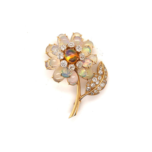 Rene Boivin 1950s 18KT Yellow Gold Opal & Diamond Flower Brooch front