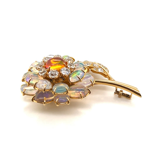 Rene Boivin 1950s 18KT Yellow Gold Opal & Diamond Flower Brooch side