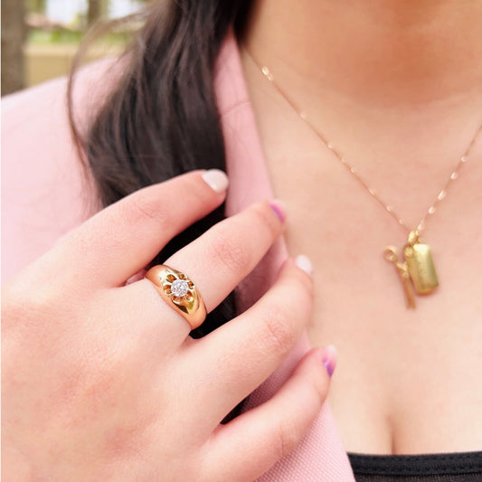 Russian Victorian 14KT Yellow Gold Diamond Ring on finger