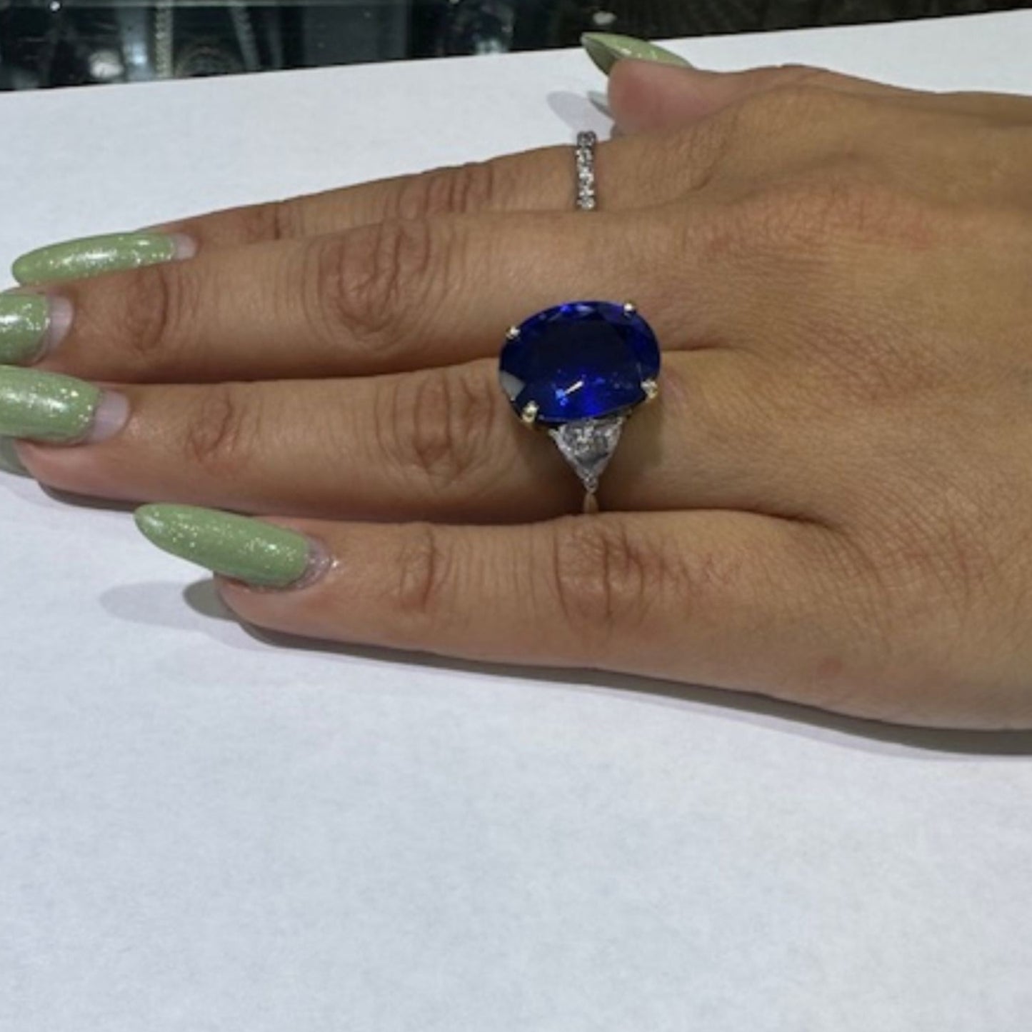 Post-1980s Platinum Sapphire & Diamond Ring on finger