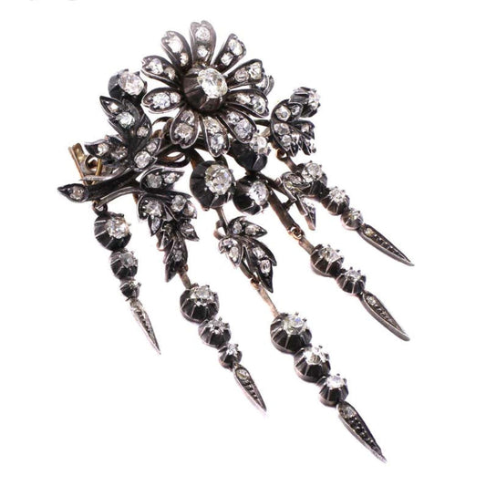 Victorian Silver & 18KT Yellow Gold Diamond Flower Brooch side