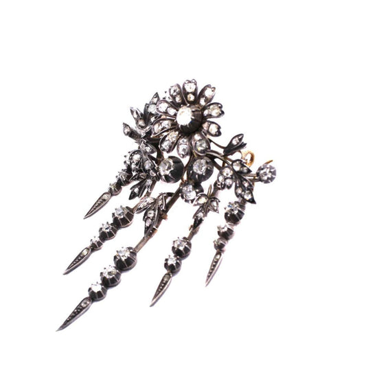 Victorian Silver & 18KT Yellow Gold Diamond Flower Brooch side